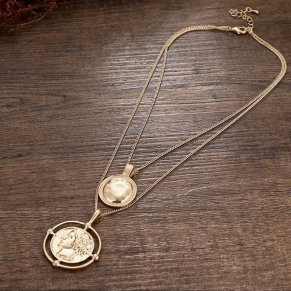 Brand New 18K Gold Coin Pendant Double Chain Necklace - Picture 3 of 4
